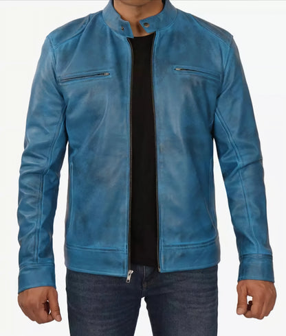 Men's Blue Lambskin Leather jacket - Cafe Racer leather Jacket