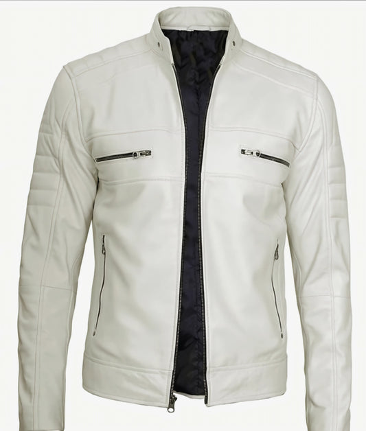 Men's Off White Cafe Racer Leather Jacket