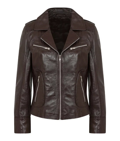 Women's Brown Leather Biker Jacket - Chocolate Brown jacket