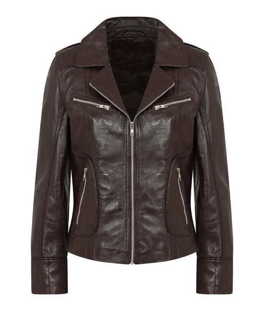 Women's Brown Leather Biker Jacket - Chocolate Brown jacket