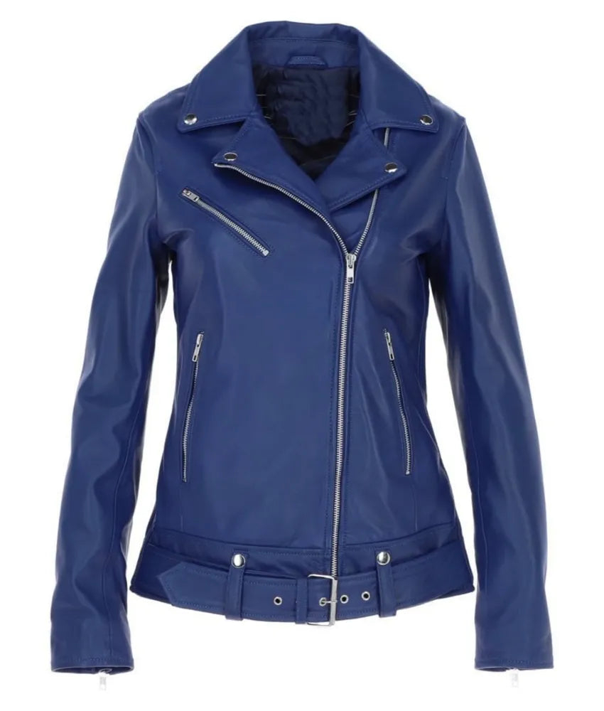 Ladies leather bike jackets -  Blue leather jacket