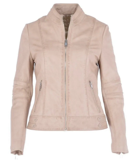 Ladies leather bike jackets -  beige leather jacket