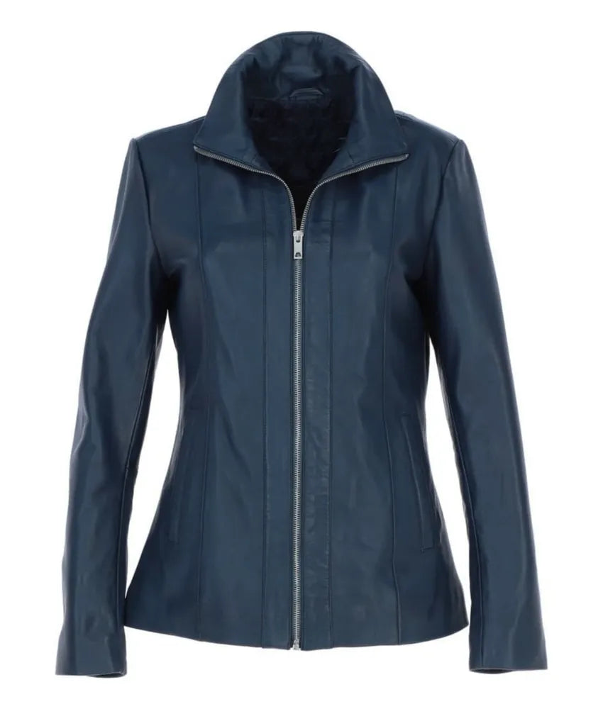 Women's Navy Leather Jacket - Premium Leather