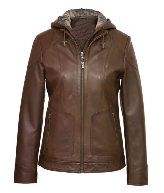 Brown leather jacket with hood - genuine leather jacket women's